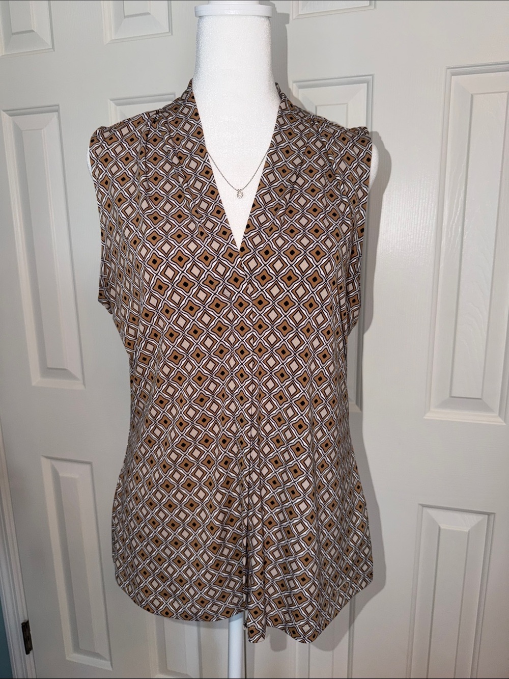 Calvin Klein Geometric Diamond Print Blouse in Beige and Black